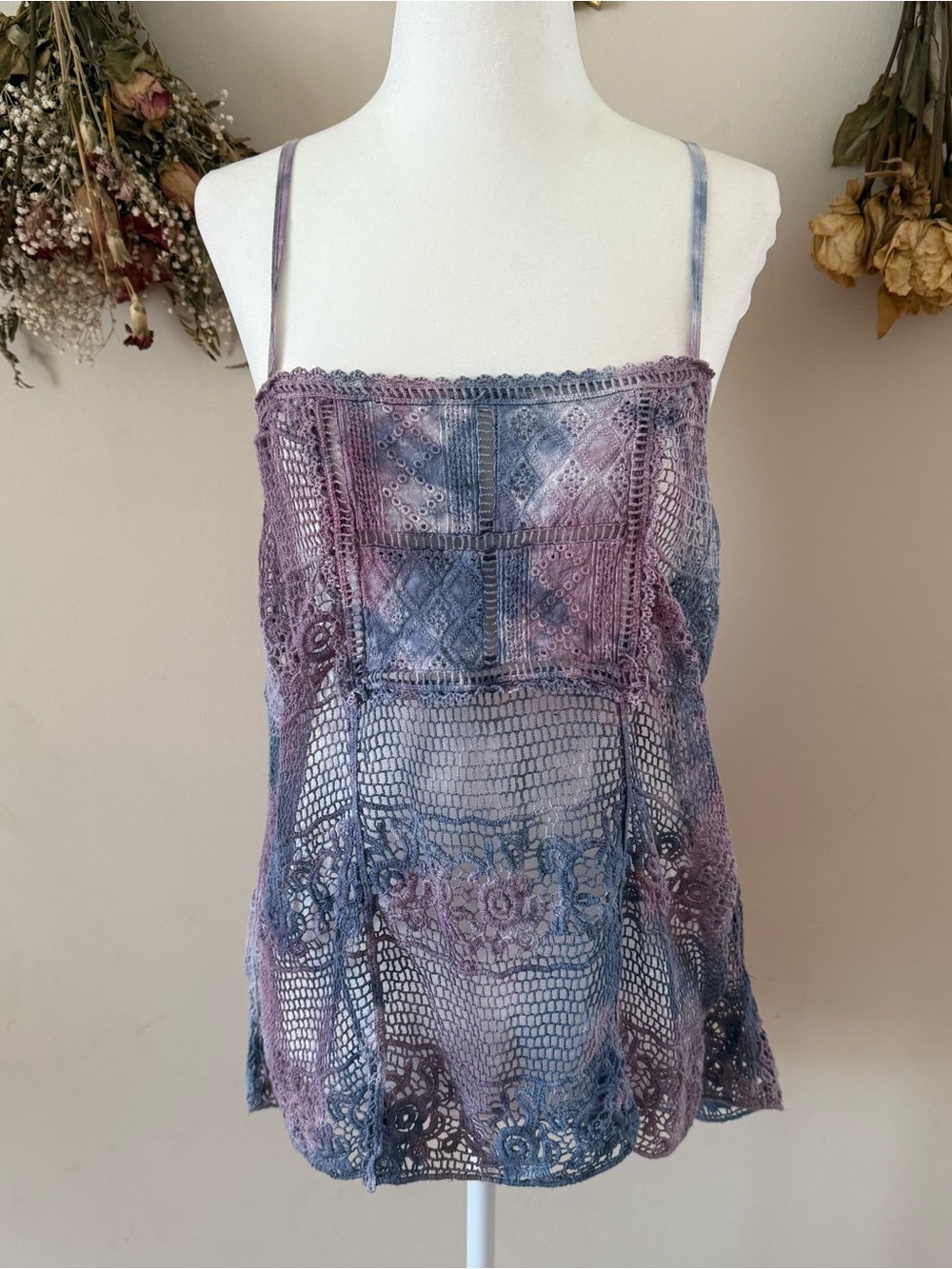 Ecote Fairycore/Boho Lace Overlay Camisole in Purple & Blue Tie-Dye